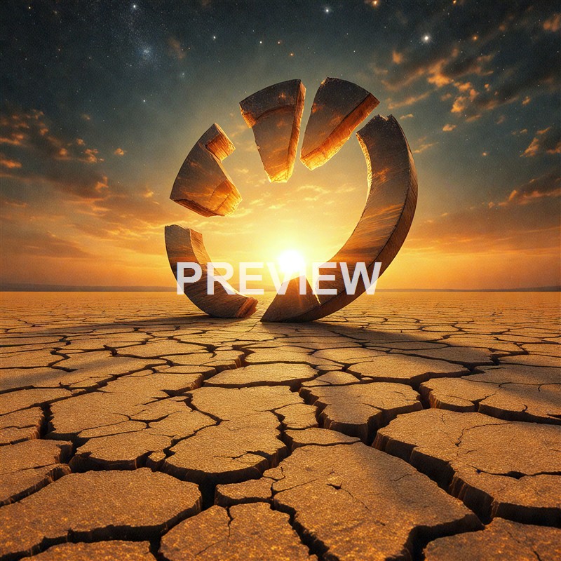 A surreal image of a large, broken clock face made of wood, standing on cracked, dry ground with a sunset or sunrise in the background and a starry sky overhead.